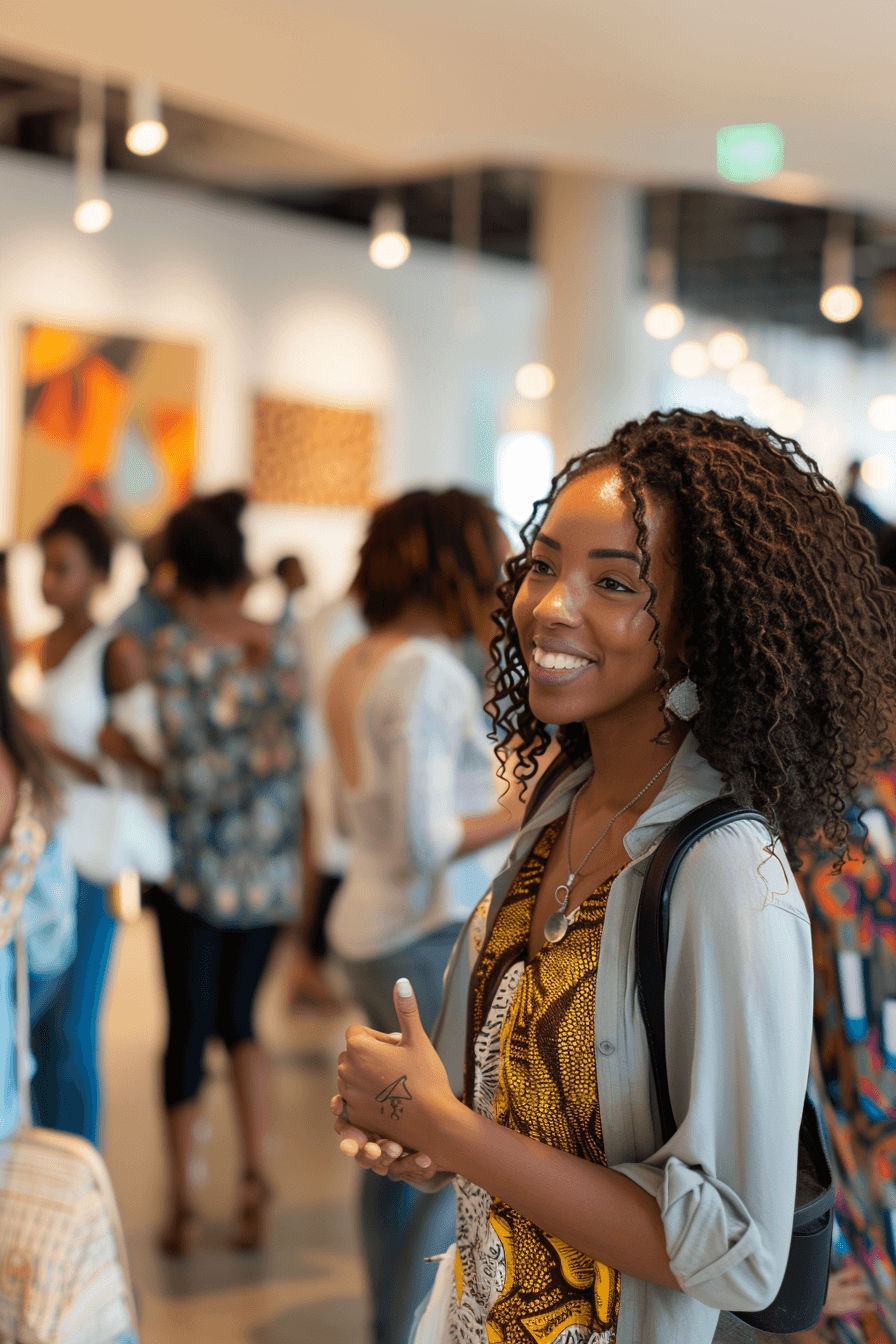 Black woman enjoying a community event, representing the essence of community cultivation. Highlighting engagement and outreach strategies for minority business enterprises and women-owned businesses.