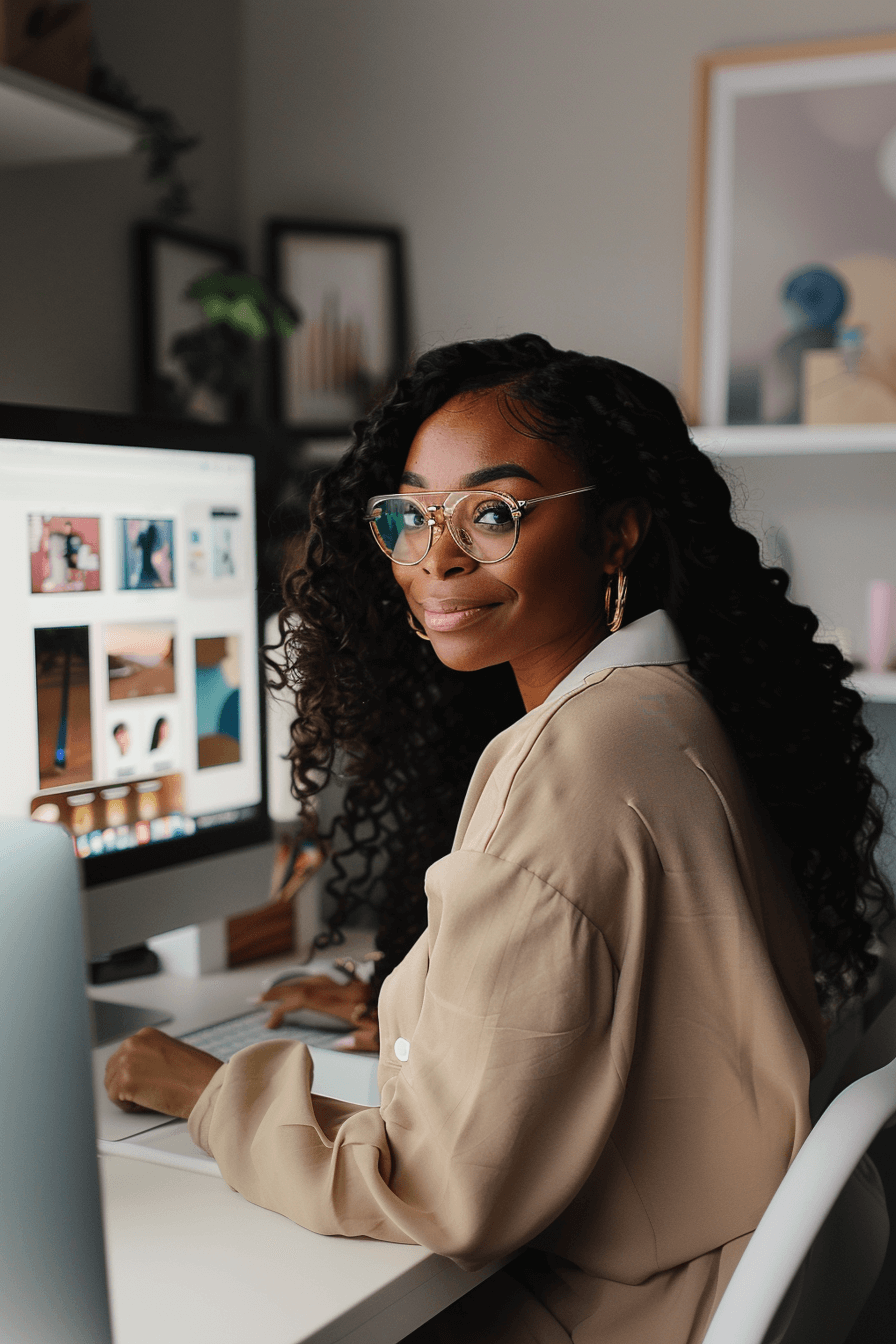 A Black woman entrepreneur with glasses working on content creation services at her computer. She is focused on developing content marketing strategies and storytelling techniques for brand identity and digital storytelling.