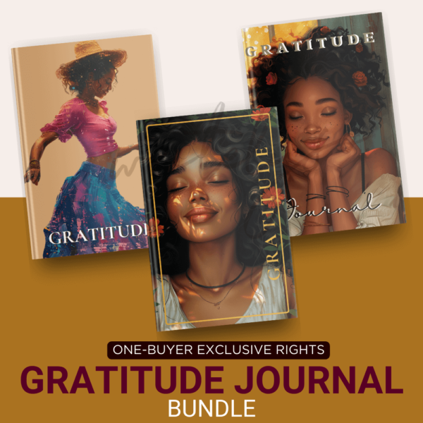 Three gratitude journals with different cover designs. The journals are arranged in a visually appealing manner with the text "One-Buyer Exclusive Rights" and "Gratitude Journal Bundle" prominently displayed.