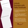 An open gratitude journal showing lined pages and prompts, accompanied by text highlighting the benefits of daily reflections and organized thoughts.