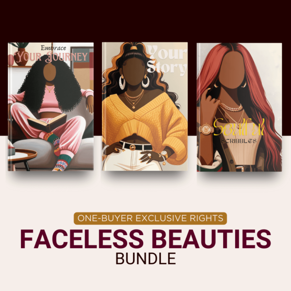 Three "Faceless Beauties" journals with different cover designs displayed against a burgundy background. The journals feature faceless illustrations of women and are labeled "One-Buyer Exclusive Rights" and "Faceless Beauties Bundle."