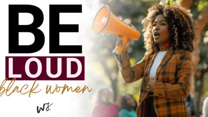 Black woman speaking into a megaphone, advocating for Black women empowerment, social justice advocacy, amplifying voices, health equity, professional development, and cultural leadership.