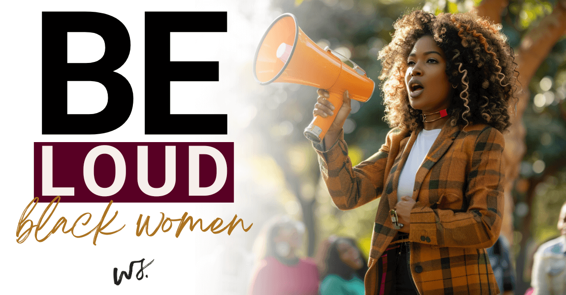 Black woman speaking into a megaphone, advocating for Black women empowerment, social justice advocacy, amplifying voices, health equity, professional development, and cultural leadership.