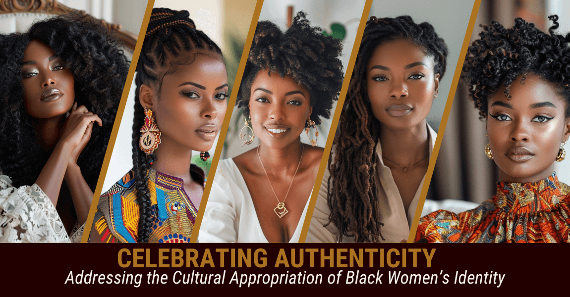 Five Black women with diverse hairstyles and fashion, representing the celebration of authenticity and addressing cultural appropriation of Black women's identity.