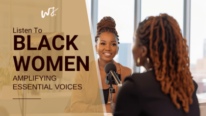 Black woman speaking into a microphone, representing the amplification of Black women's voices and addressing systemic workplace issues and educational bias.