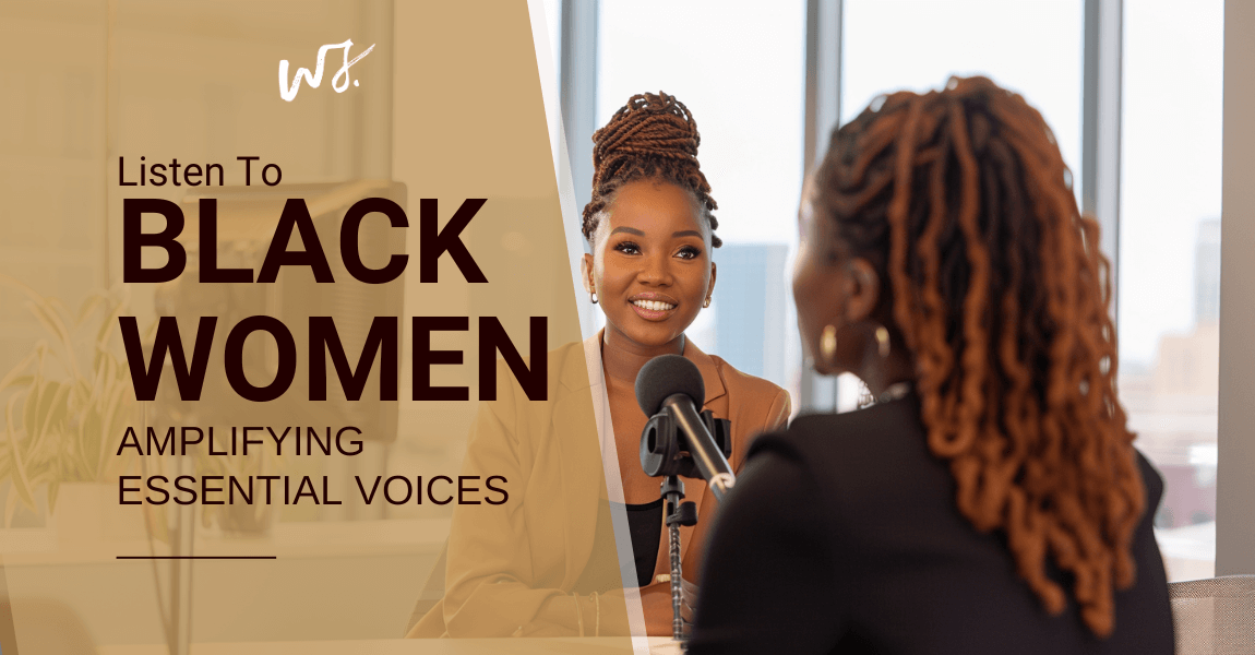 Black woman speaking into a microphone, representing the amplification of Black women's voices and addressing systemic workplace issues and educational bias.