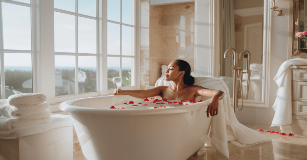 Black woman relaxing in a luxurious bath, emphasizing self-care for Black women, emotional wellbeing, and living a balanced life.